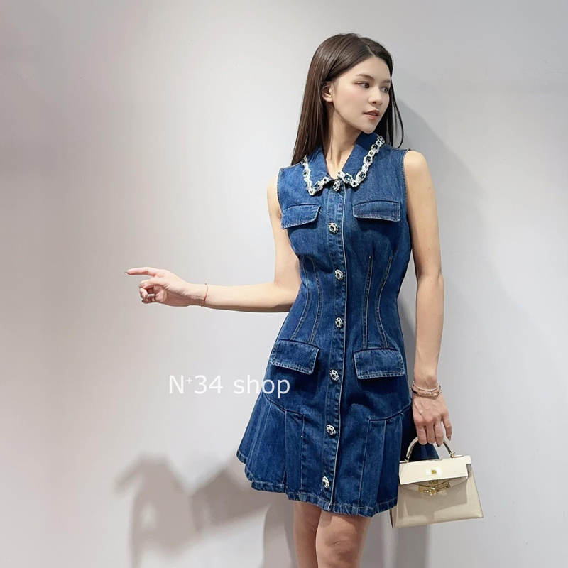 In Stock Selfsp 2026 Spring/Summer New Denim Blue Lapel Sleeveless Retro Denim Dress Pro Version