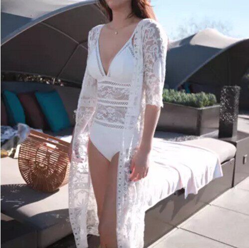 New beach jacket women's long-sleeved swimsuit women's bikini with white lace draped yarn holiday blouse medium and long version