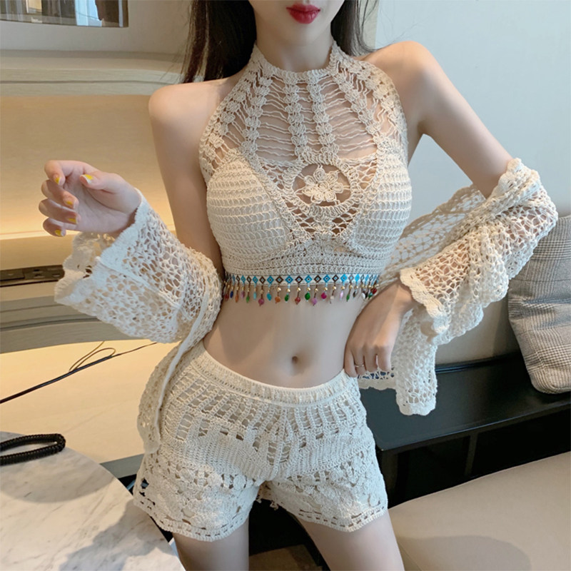 Swimming suit female bubble hot spring three pieces of sexy flux knitting South Korea shade with thin, dew back and high waist two pieces of swimwear