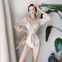 New hot spring conservative fairy fan swimsuit womens long sleeve one-piece belly thin sexy Korean ins retro swimsuit