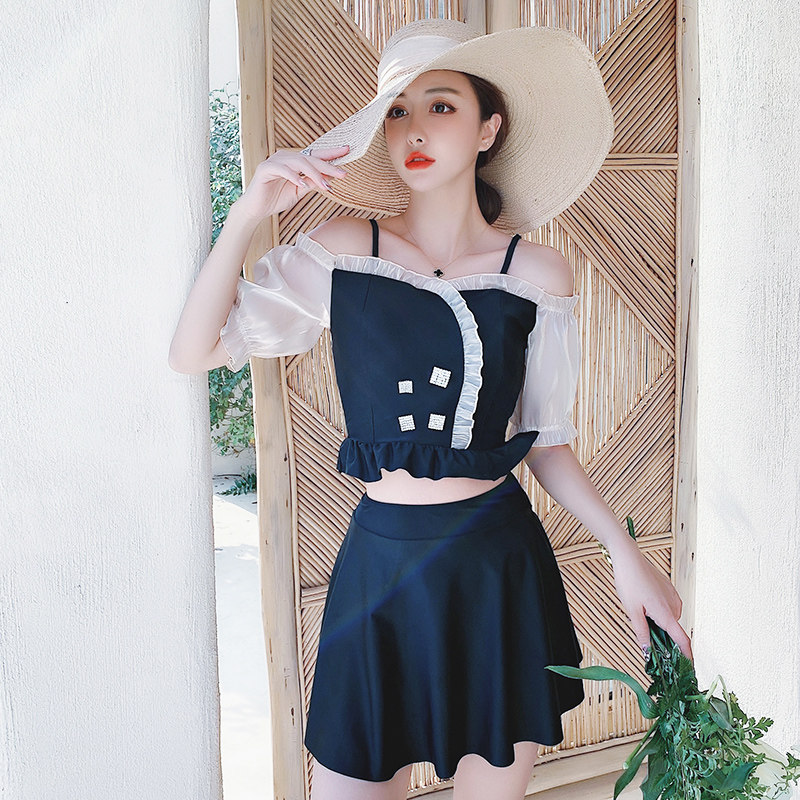 Swimsuit 2021 new skirt style Two-piece three sets of open shoulder South Korean ins conservative small fragrant wind with chest cushion