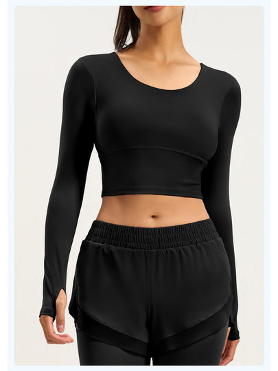 Yoga clothing suit for women with chest pads, long-sleeved slimming sports fitness clothing, cross-back short tight top with beautiful back