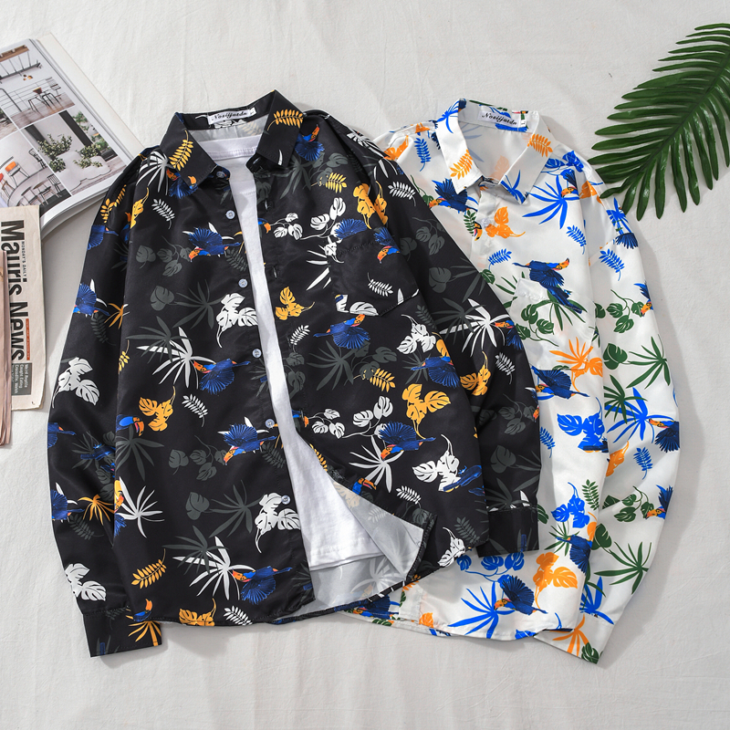 Spring and autumn long-sleeved floral shirt men and women couples retro loose Hong Kong style animal print trend ruffian handsome top coat