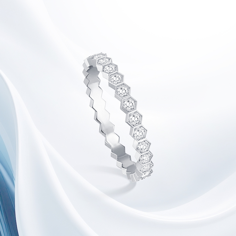 18K White Gold Lab-Grown Diamond Ring for Women, Honeycomb Diamond Ring, Real Diamond Stackable Hexagonal Row Diamond Tail Ring, Row Ring, Band Ring