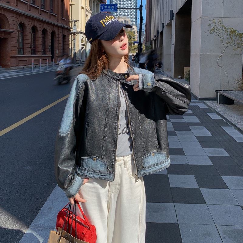 Sweet and Cool Style Dyed Denim Patchwork Leather Short Jacket for Women 2026 Spring New Small Size Trendy Pu Leather Jacket