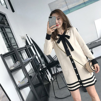 Knitted dress female autumn and winter small man slim slim bow sweet academic style pink long sleeve straight skirt