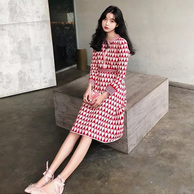 Knitted dress women autumn winter small man slim slim slim small fragrance color lapel fairy sweet birthday skirt