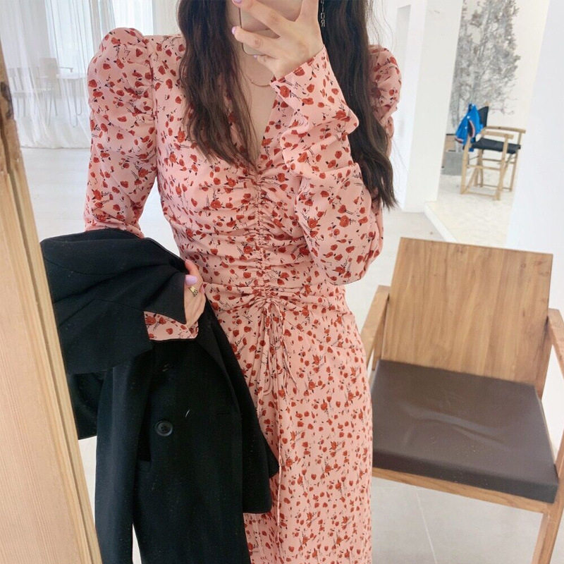 The Ocean Dress 2022 new spring style Temperament Famous Yuanyo Long sleeves over knee long version Bubble Sleeves Fold-Blossom Long Dress