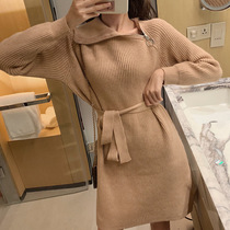 Fat Mm Design Sensation Dress Woman Autumn Winter Foreign Air Sweet Spicy Wind Capsized Waist Belt Cashew Strap Knit Sweater Skirt
