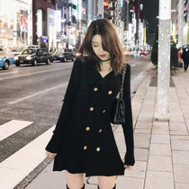 Knitted dress womens short autumn and winter 2020 Korean lapel belly tight autumn small black dress