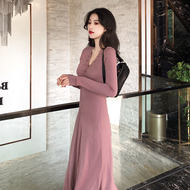 Knitted Ocean Dress Lady Autumn Winter A dresses long version over knee waist display slim long sleeves Gentle Wind Pink Temperament Long Skirt