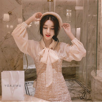 Harness skirt suit woman autumn and winter new foreign pistachio two sets of reduction age small sub high waist display slim flow Su short skirt