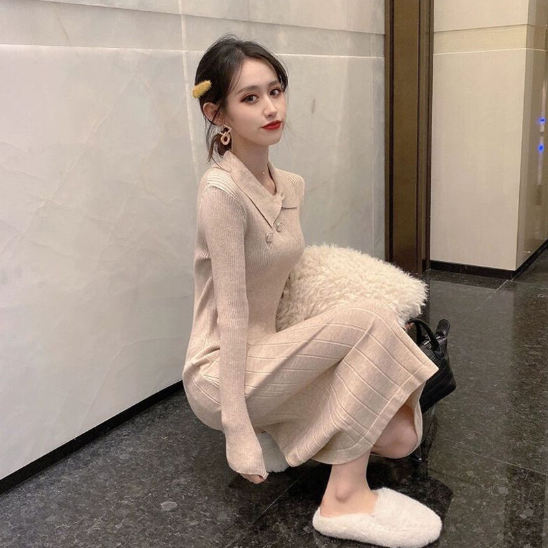 Knitted Ocean Dress Lady Autumn Winter New Foreign Pie style retro-style comeback waist display slim pure color Inner Lap Long Dress