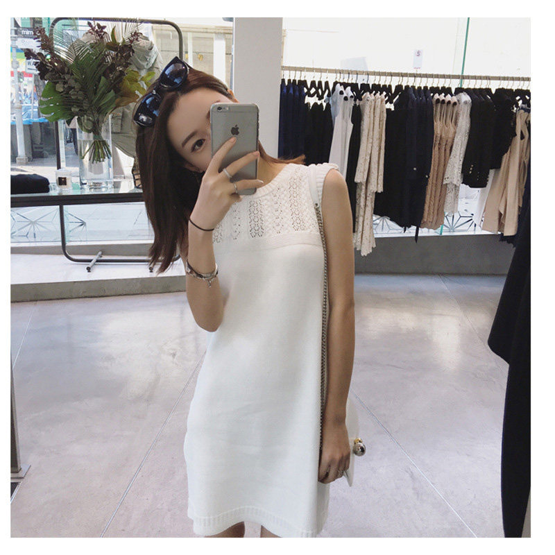 2020 summer new hollow sleeveless ice silk knitted dress women's summer long version thin white straight skirt