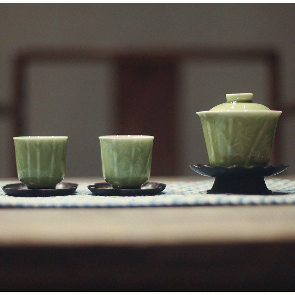 無料配達 宋青书院|《竹林》耀州窑盖碗品茗杯茶具青瓷文人茶器 工芸品