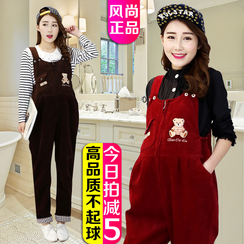 Authentic Autumn and Winter Korean Style Fashionable Internet Celebrity Maternity Overalls Warm Corduroy Belly Support Long Pants Plus Size Spring Maternity Wear