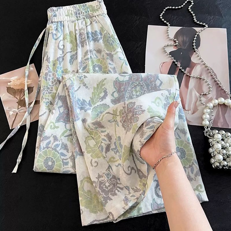 High-End Ice Silk Wide-Leg Pants, Versatile Women's Summer Thin Style, 2025 New Popular Printed Casual Straight-Leg Pants