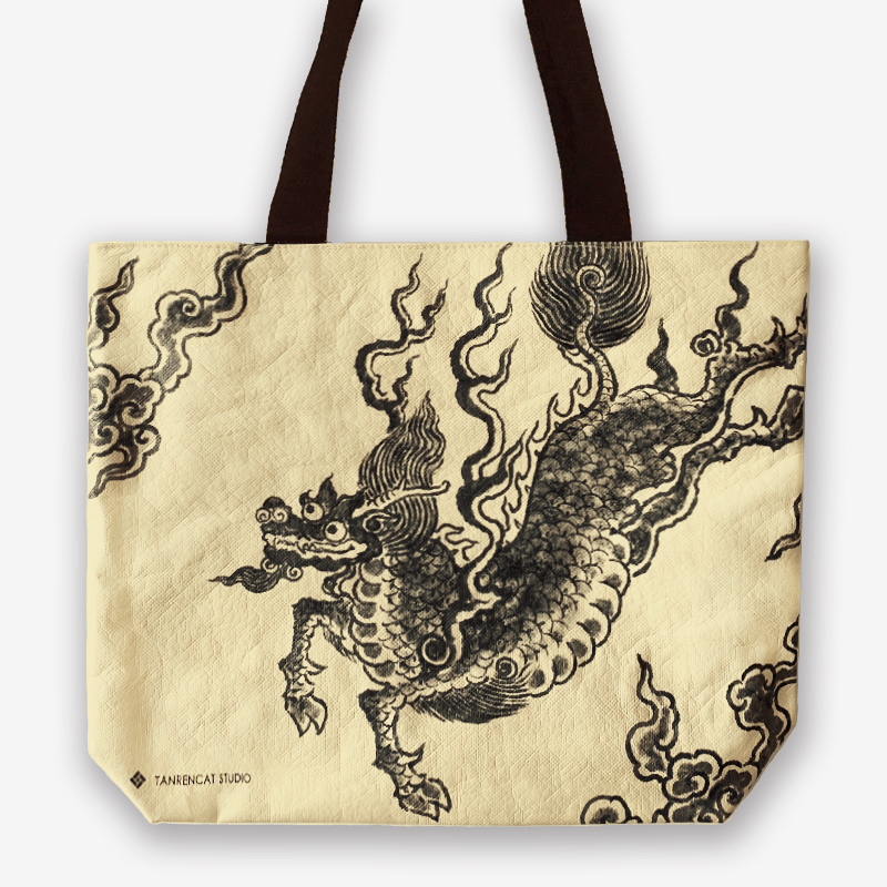 [Tansheng] Waterproof Kraft Tyvek Shoulder Tote with Canvas Lining, Mo Qilin or Moon Rabbit Print - Thumbnail 3