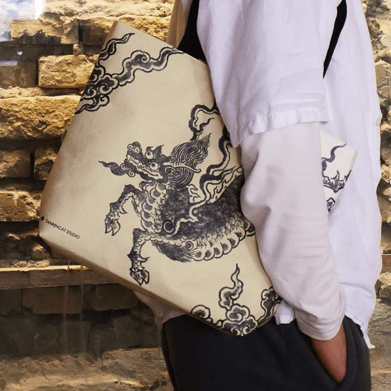[Tansheng] Waterproof Kraft Tyvek Shoulder Tote with Canvas Lining, Mo Qilin or Moon Rabbit Print - Thumbnail 4