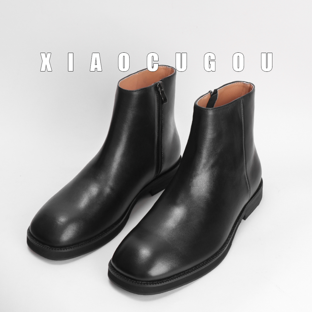 Small vinegar home ~ genuine leather zipped short boots man high help Inron square head Martin casual leather shoes Chelsea boots 
