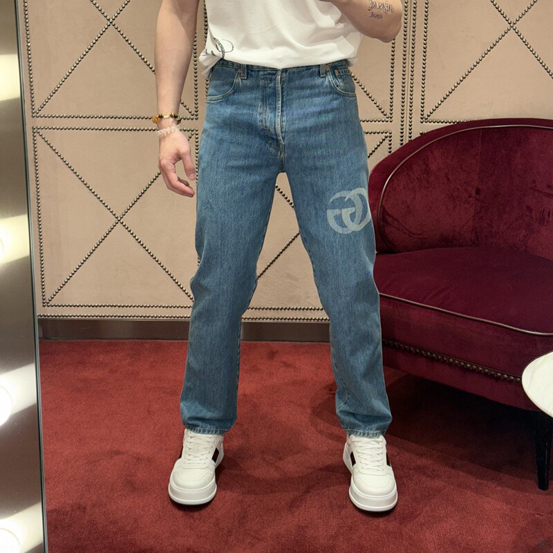 Gucci/Gucci's New Classic Side Double g Letter Interlocking Laser-Printed Jeans for Women and Men