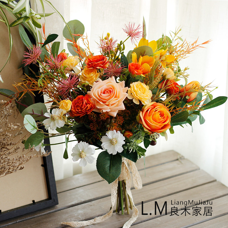 Hand touted bridal wedding Nordic emulated floral bouquet home hem living-room decoration flower arrangement small freshening suit with bottle