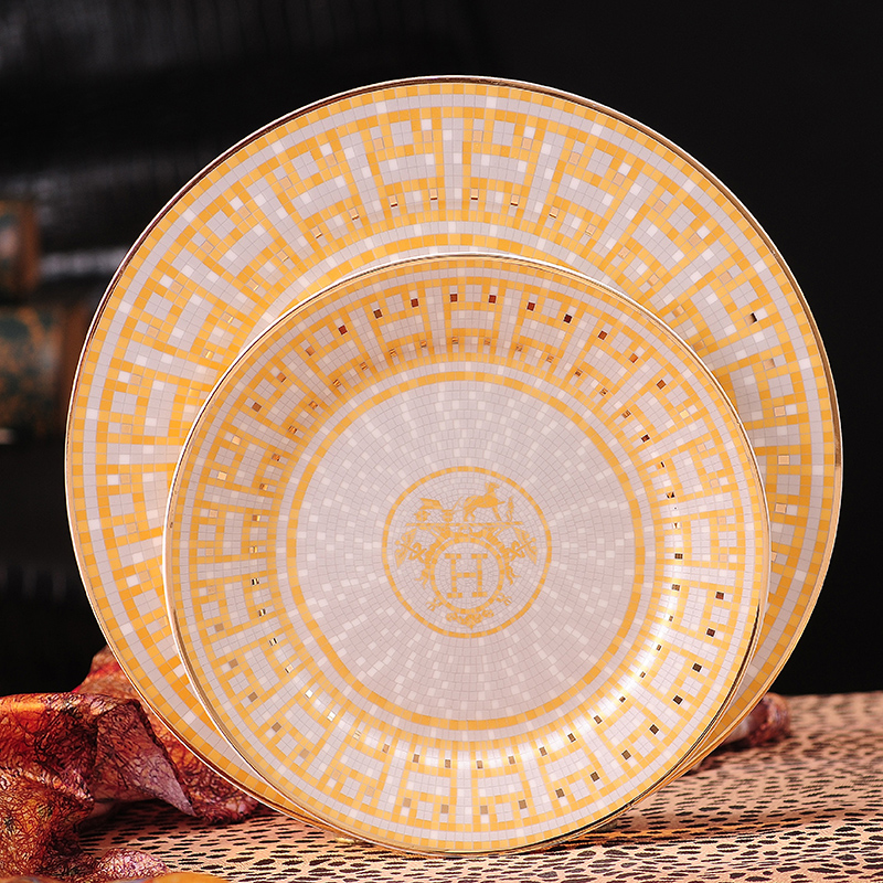 Inglerie Ceramics Classic Mosaic Western Dining Plate Flat Pan Home Shallow Dish Decorative Pan Cutlery Bone Porcelain Steak Tray