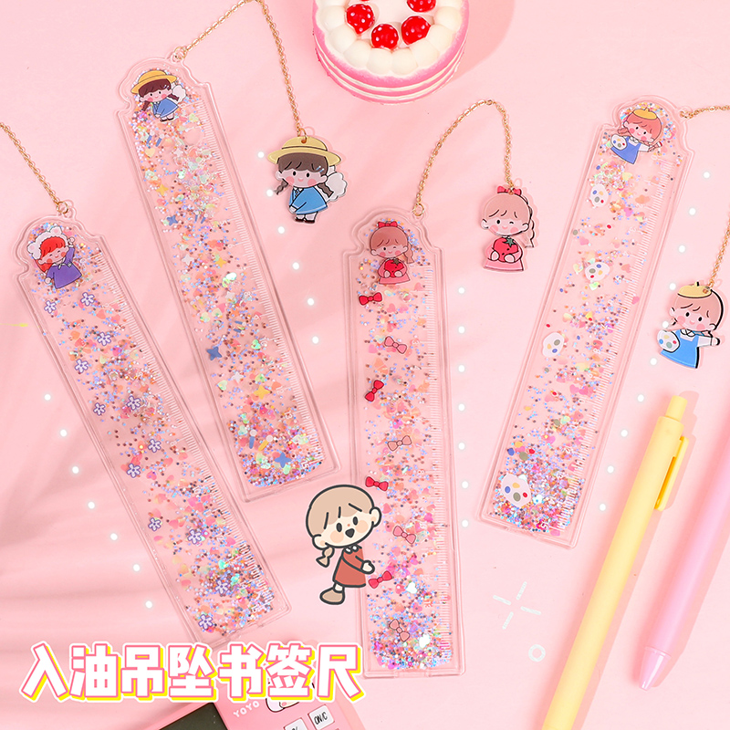 Japan-ROK creative multifunctional flow sand-in-oil ruler Zika Katong Fresh Girl Hearts Cute Bookmarking Pendant Graduated Scale