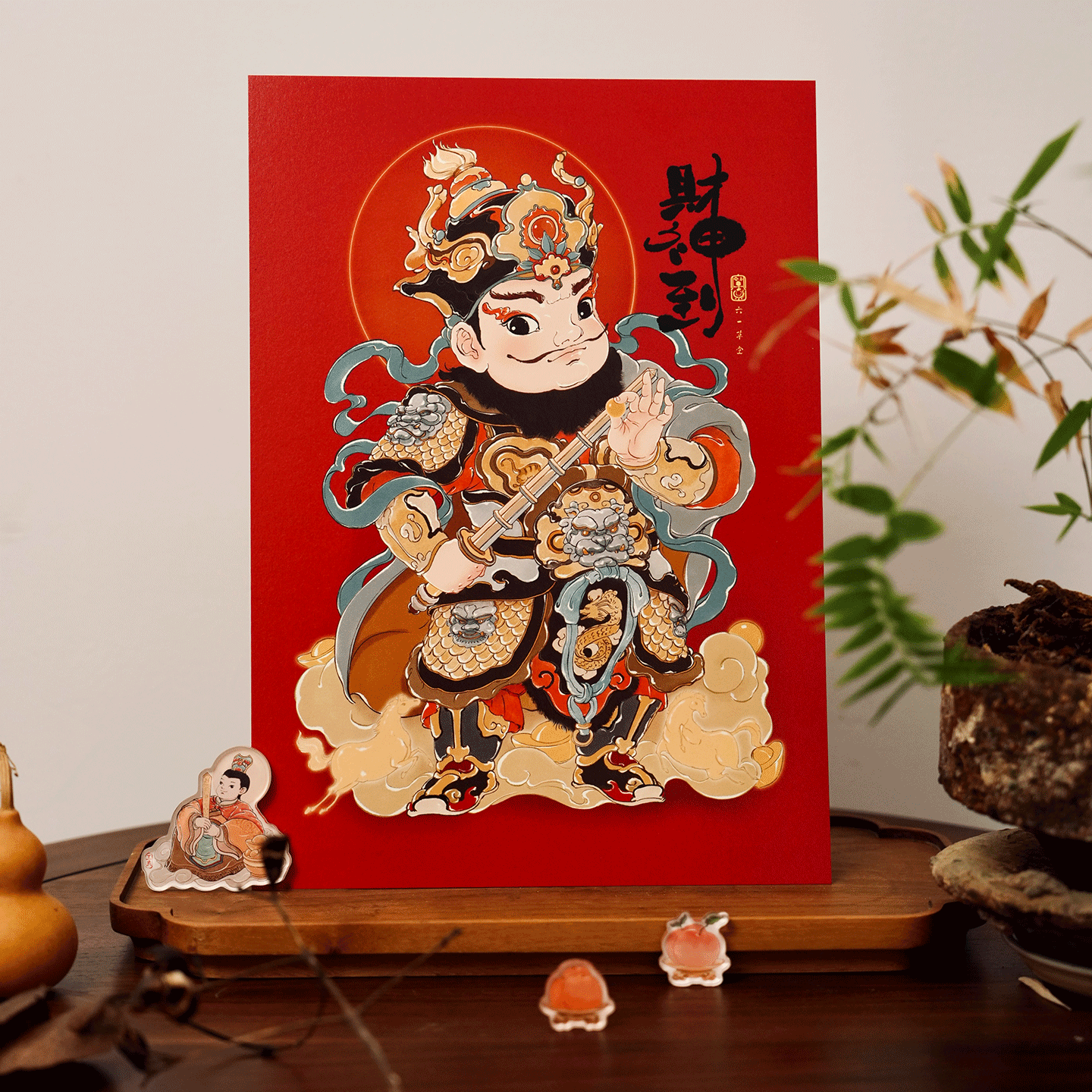【縁起物】對金抓 馬岱 馬超 版画 木版画 中国 年画 春節 節句 旧正月 2026年午年 文武財神様肖像ステッカー / 新年春節年画 / おしゃれな