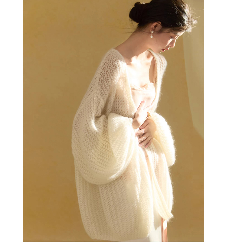 Hong Kong Style Lazy and Loose Casual Mohair Lightweight Mid-Length Knitted Cardigan Jacket for Women in Spring and Autumn