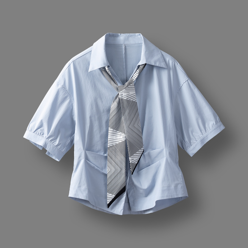 Detachable Lapel Ribbon, Summer Design, High-End Style, Niche, Age-Reducing, Slimming Short-Sleeved Shirt for Women