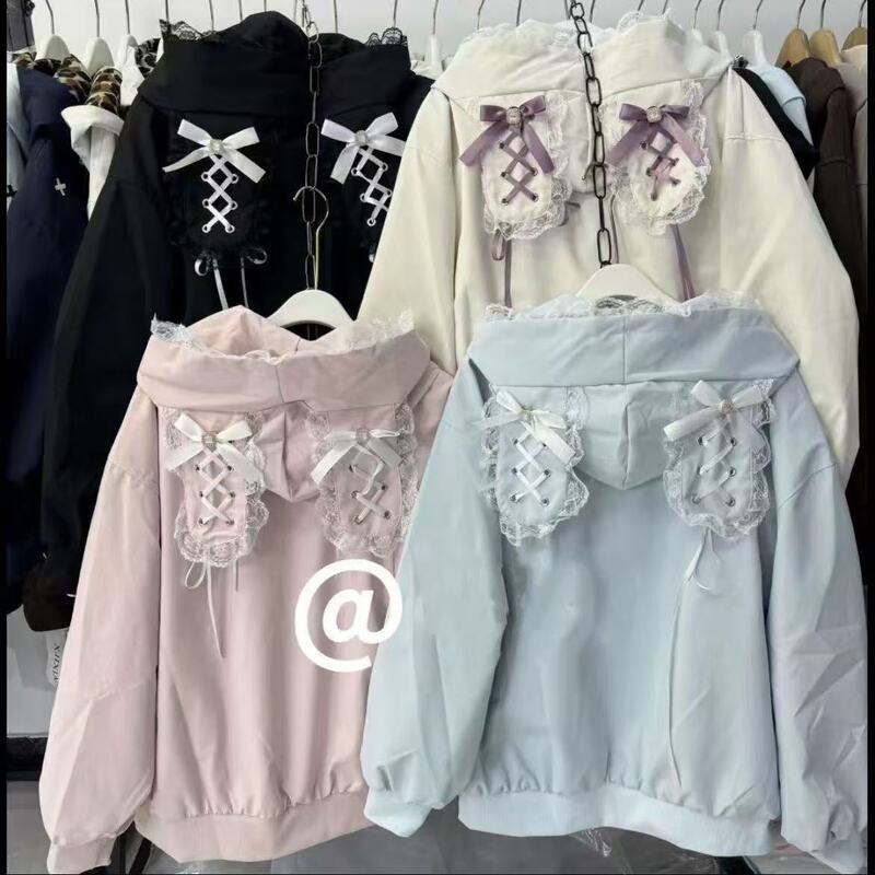 Original Cute Style Lace-Up Bunny Ear Hooded Jacket for Female Students, New Loose and Versatile Trendy Style for Spring and Autumn