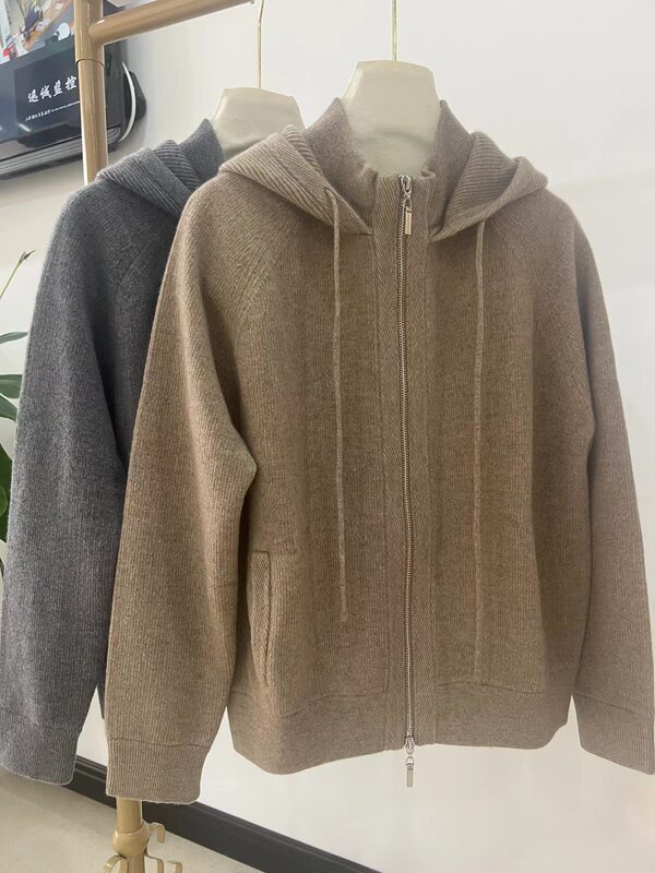 Thickened Version of 100% Pure Cashmere Moro Class a Yarn! Hooded Double-Zip Sweater, Loose Fit, 455g Xr411