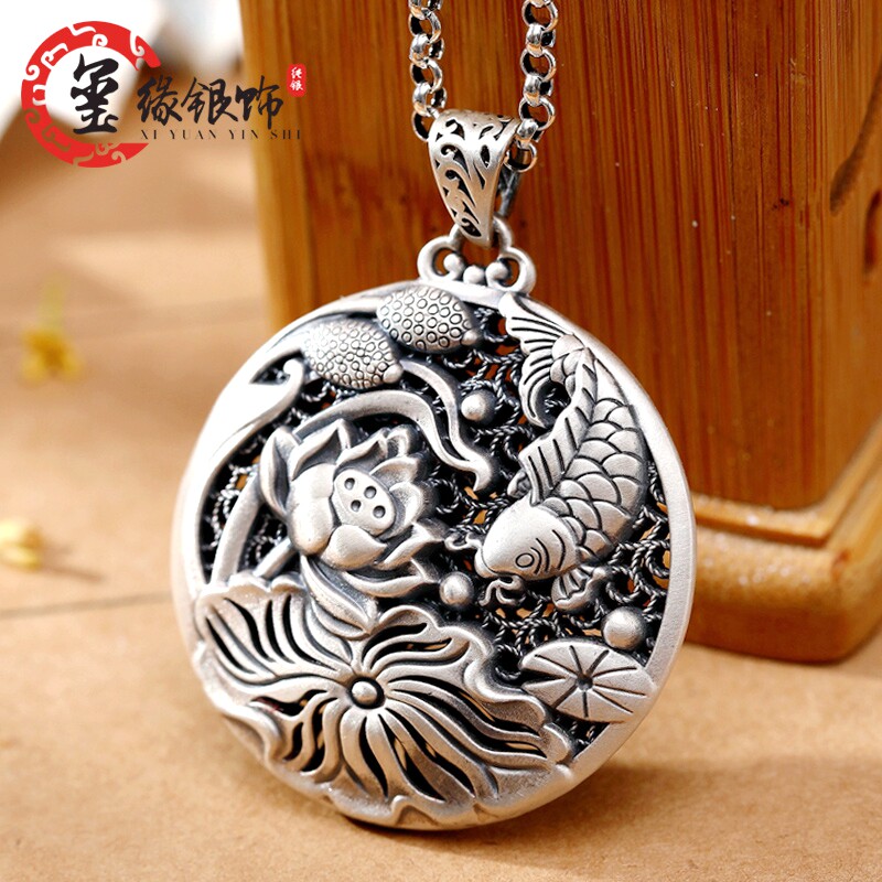 Koi has a silver - side jacket with S999 - silver pendant female retro - fish lotus sweater silver necklace hanging piece double - sided silver necklace