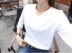 Áo thun nữ tay dài 2018 mùa thu mới cổ chữ V bằng cotton cotton chạm đáy áo thun trắng giản dị áo thun thủy triều