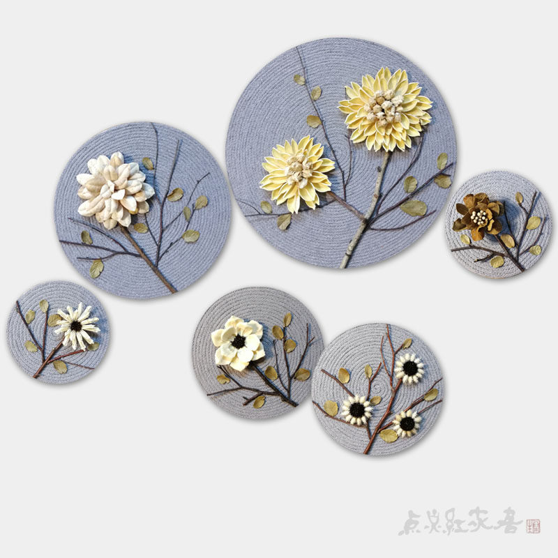 Flowers Good Moon Round Grey Ensemble ROUND HANDMADE DECORATION PAINTING SOUTHEAST ASIA HOME WALL DECORATION DRY FLORAL GUAN WALL DECORATION