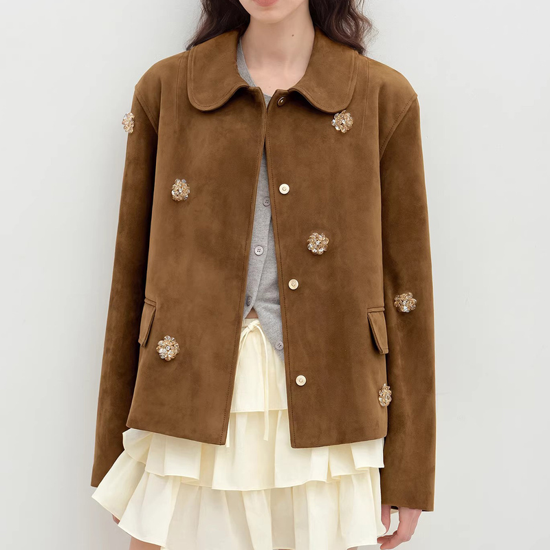 Retro-Style Suede Short Jacket for Women with Doll Collar and Beading, Old Money Style, High-End Feel, 2026 Spring New Leather Jacket