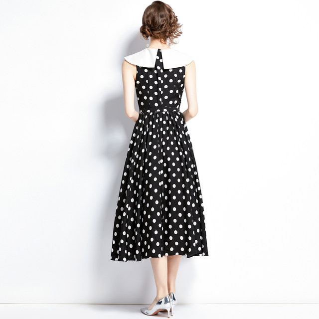 European station foreign trade trend fashion women's lapel Hepburn slim fit retro polka dot print mid-length dress