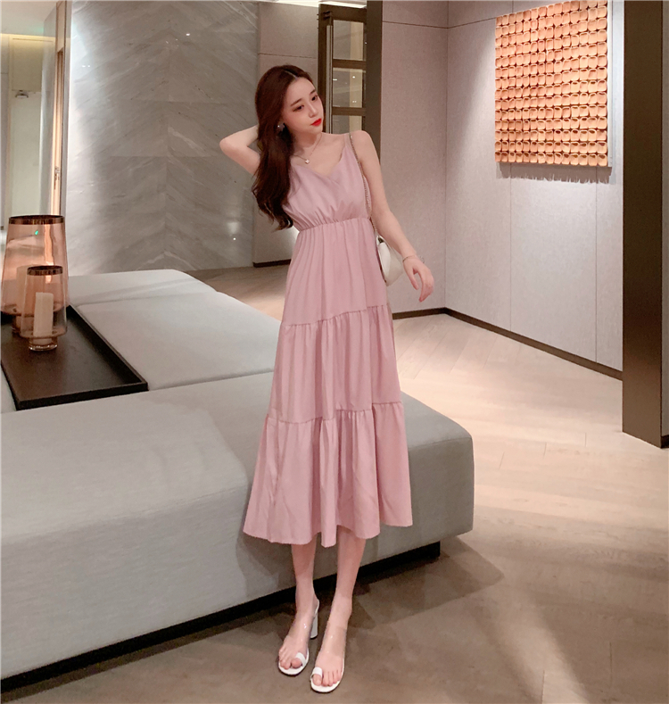VK旗艦店 韓系高腰百搭蛋糕裙顯瘦長版吊帶無袖洋裝