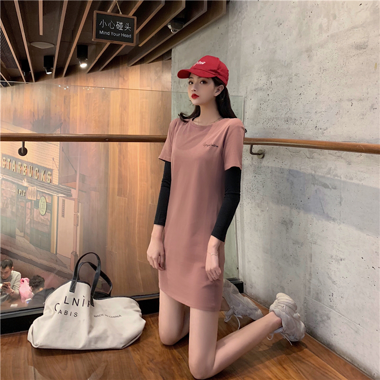 VK旗艦店 韓系簡約寬鬆顯瘦長T短袖休閒長袖洋裝