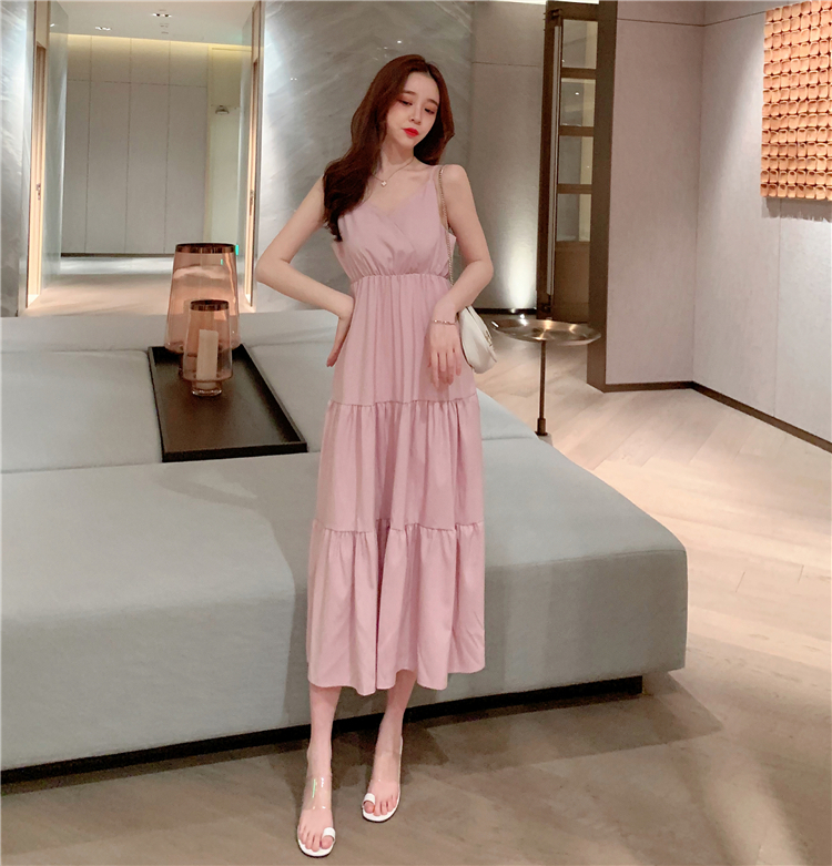 VK旗艦店 韓系高腰百搭蛋糕裙顯瘦長版吊帶無袖洋裝