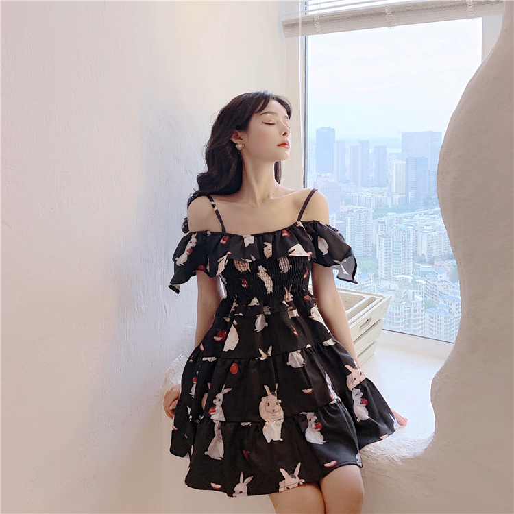 VK旗艦店 韓國風甜美小兔一字領收腰短袖洋裝