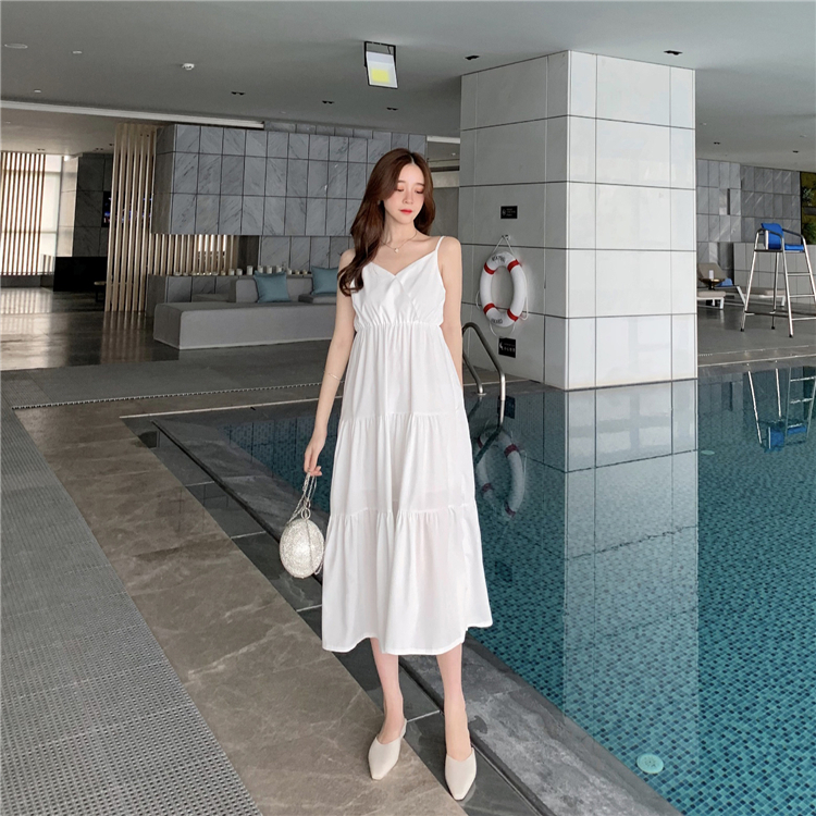 VK旗艦店 韓系高腰百搭蛋糕裙顯瘦長版吊帶無袖洋裝