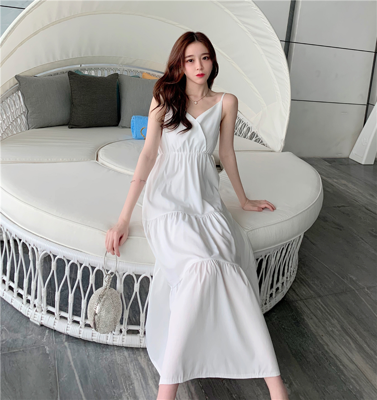 VK旗艦店 韓系高腰百搭蛋糕裙顯瘦長版吊帶無袖洋裝