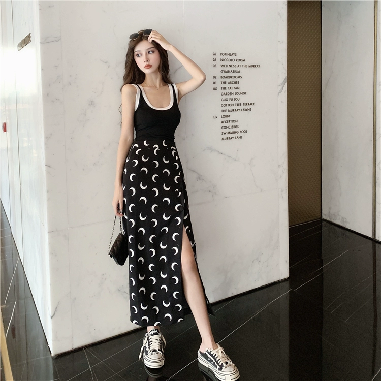 2022 New Korean Summer Harajuku Moon Pattern Black A-line Skirt Sexy Chiffon Slit Skirt Female High Waist Long Skirts Streetwear crop top with skirt