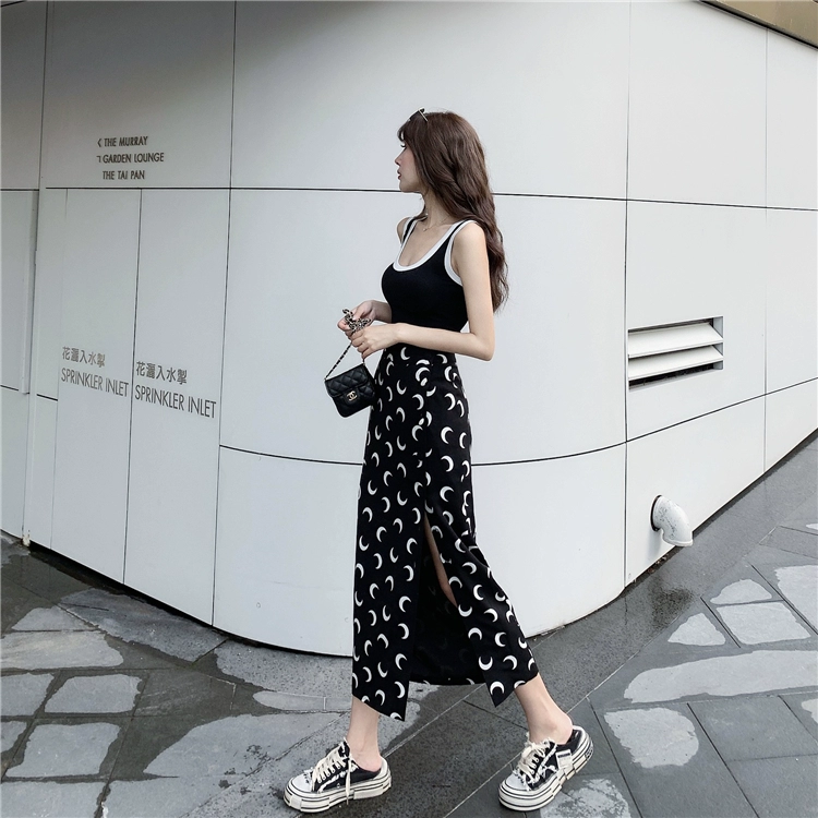 2022 New Korean Summer Harajuku Moon Pattern Black A-line Skirt Sexy Chiffon Slit Skirt Female High Waist Long Skirts Streetwear crop top with skirt