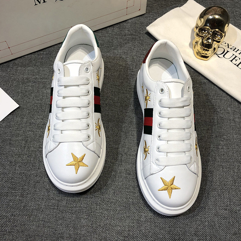 Star Tong Genuine Leather Breathable Embroidery Little Honeybee Small White Shoes Men's Thick Bottom Heightening Female Couple 100 Hitch Casual Board Shoes
