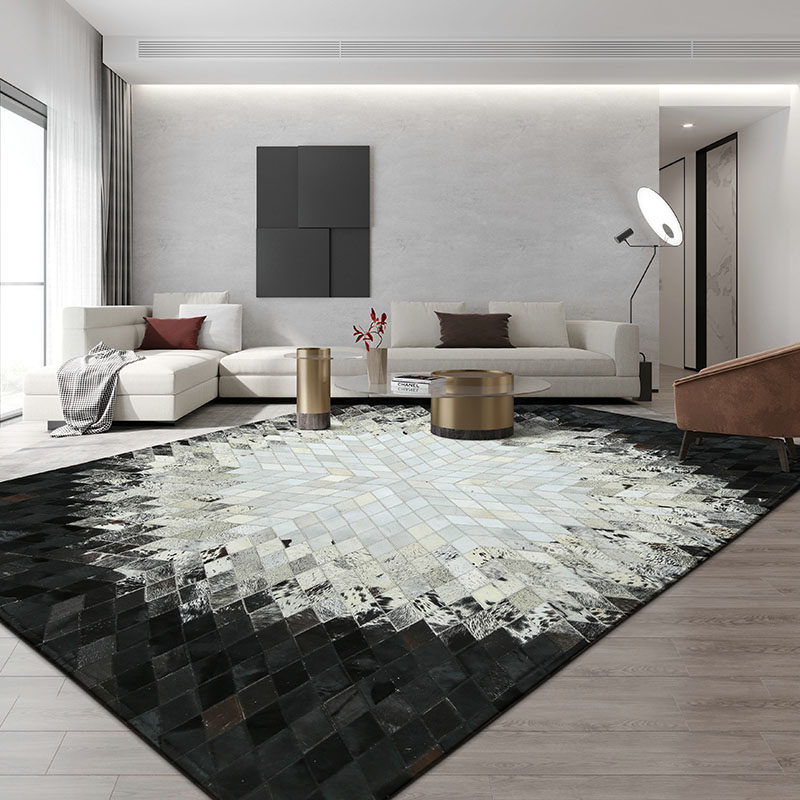 Imported Dairy Cow Leather Parquet Carpet Geometric Living Room Sofa Tea Table Cushion Bedroom Handstitch Cow Leather Carpet