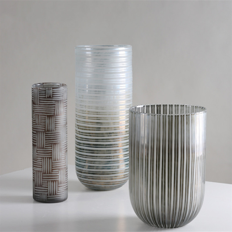 Minimalist New products Asymptotic Tobacco Grey Vertical Striped Glass Vase Texture Table Living Room Bookroom Glass Insert Vase