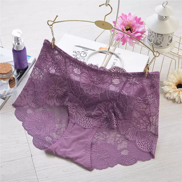 3 mảnh sexy đầy đủ ren hoa hồng ren phụ nữ eo cao quần sịp rỗng quan điểm chất béo MM quần short đầu - Giống cái